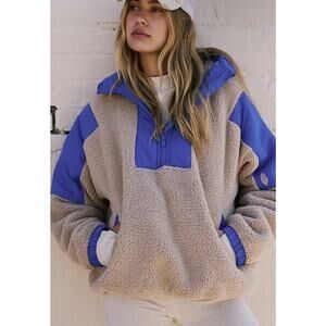 Free People Movement Beige Blue Lead The Pack Fleece 1/4 Zip Jacket Hooded XS